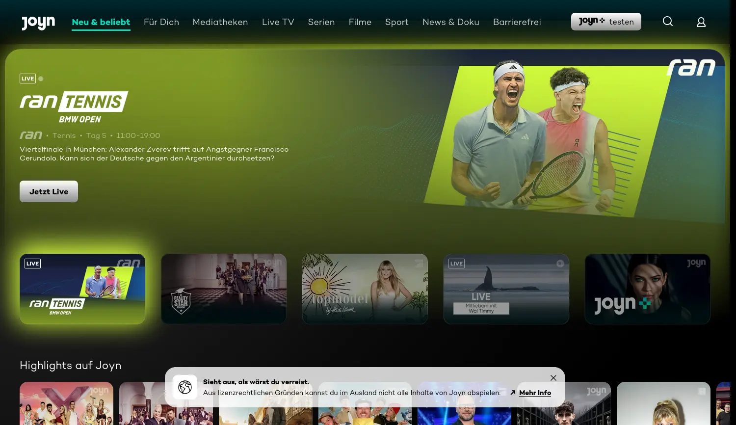 Website-Screenshot von Joyn