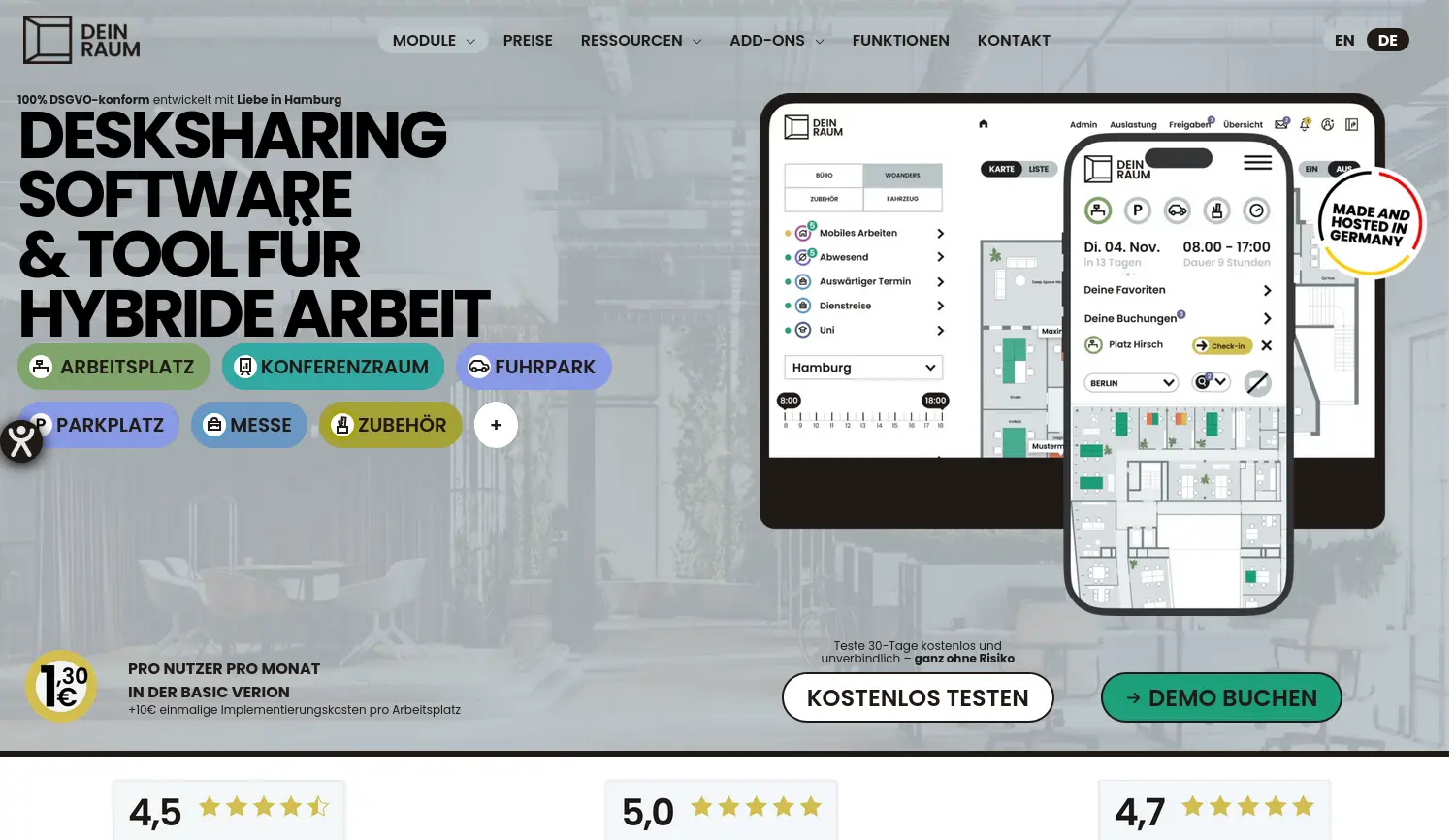 Website-Screenshot von DEIN RAUM - Die smarte Workplacemanagment Software