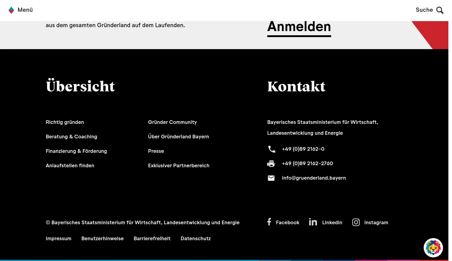 Website-Screenshot von Gründerland Bayern