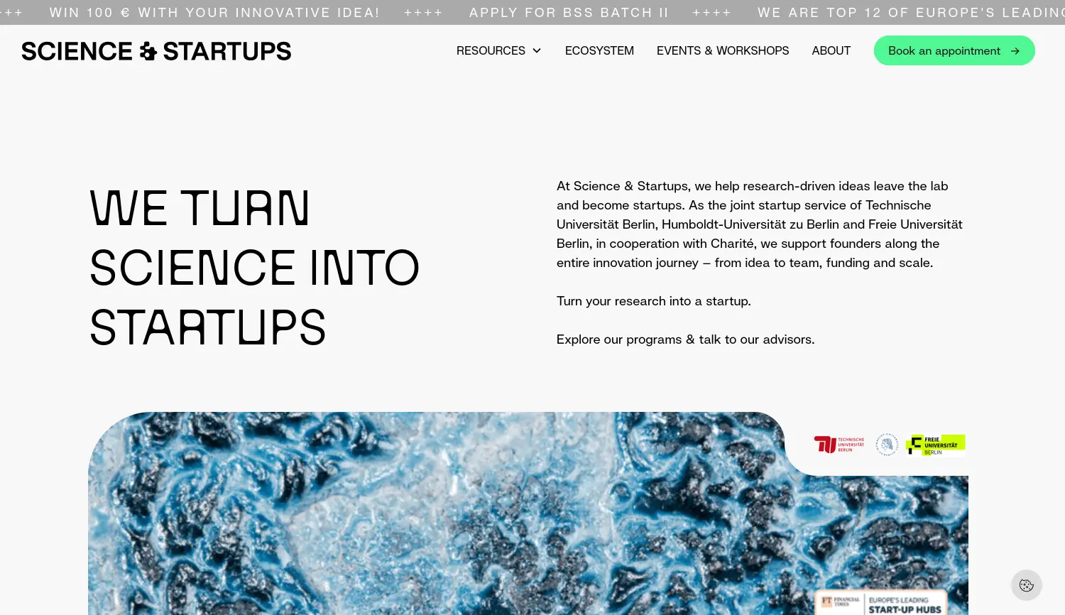 Website-Screenshot von Science & Startups