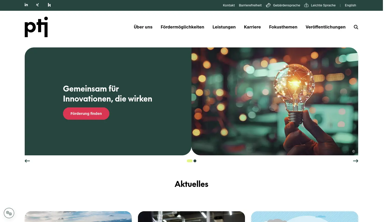 Website-Screenshot von Projektträger Jülich