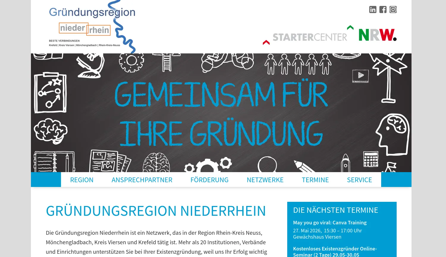 Website-Screenshot von Gründungsregion Niederrhein