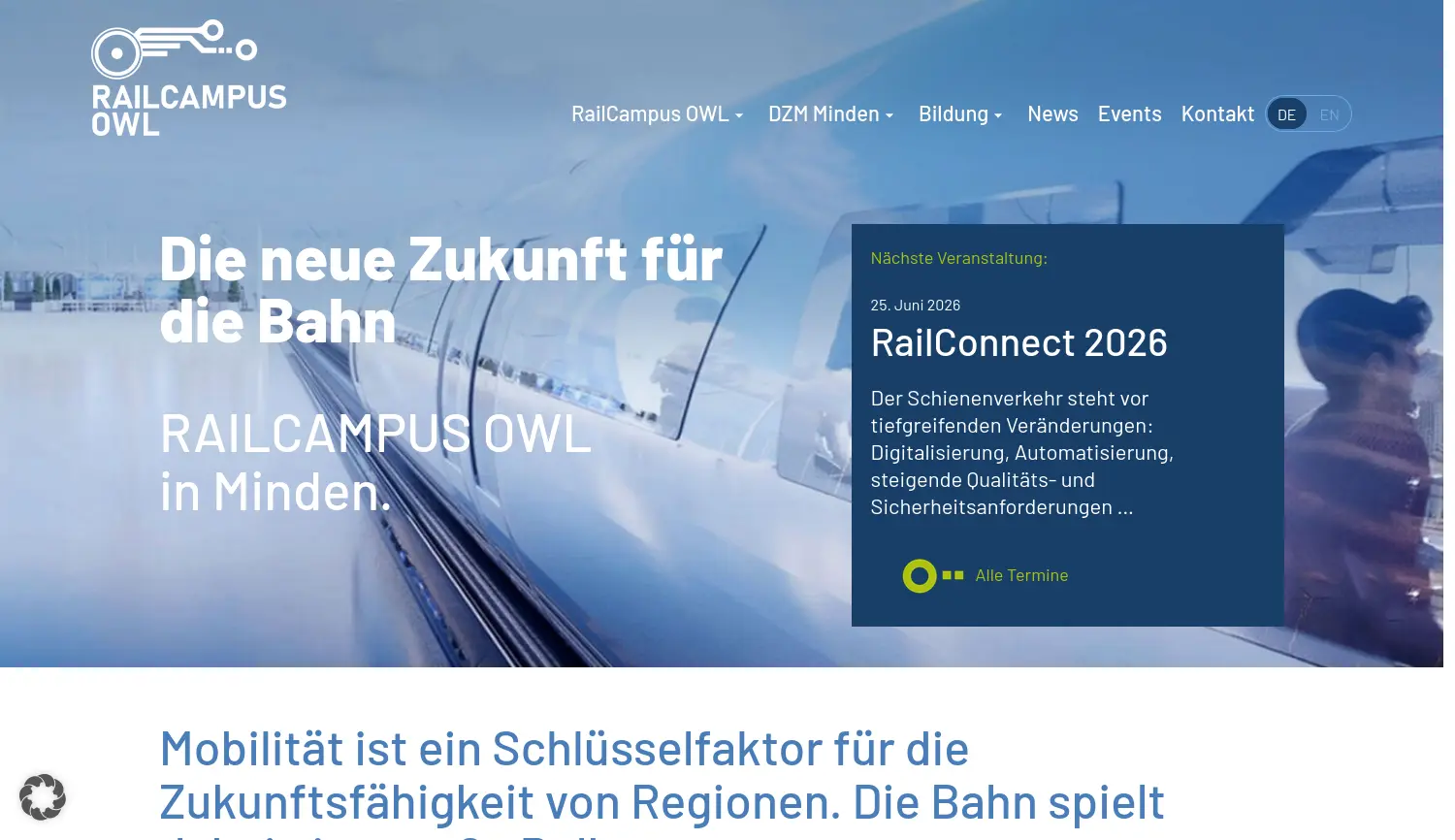 Website-Screenshot von RailCampus OWL