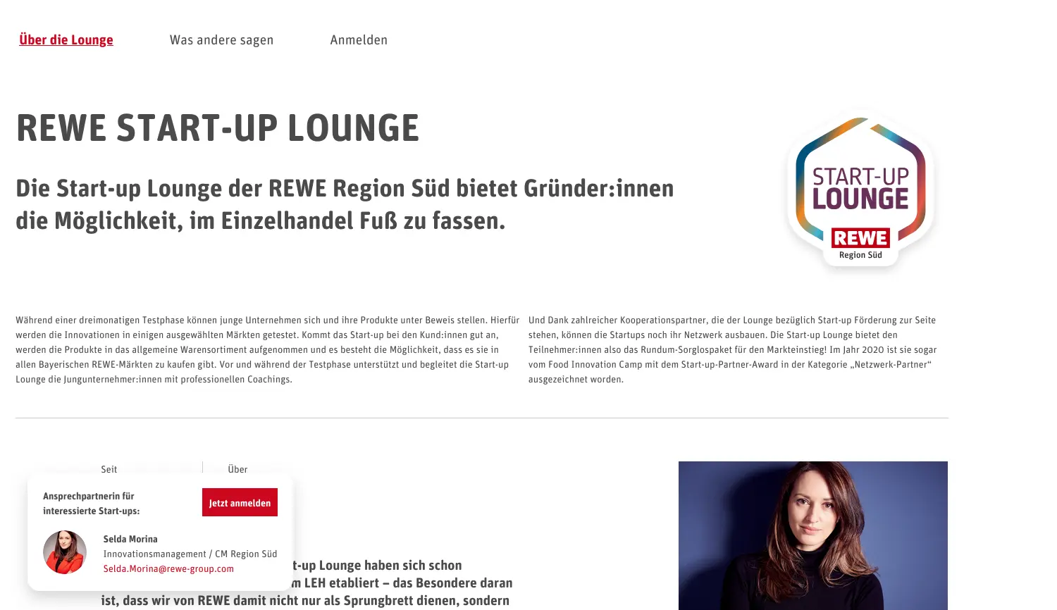 Website-Screenshot von REWE Start-up Lounge