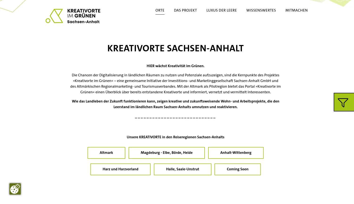 Website-Screenshot von Kreativorte im Grünen