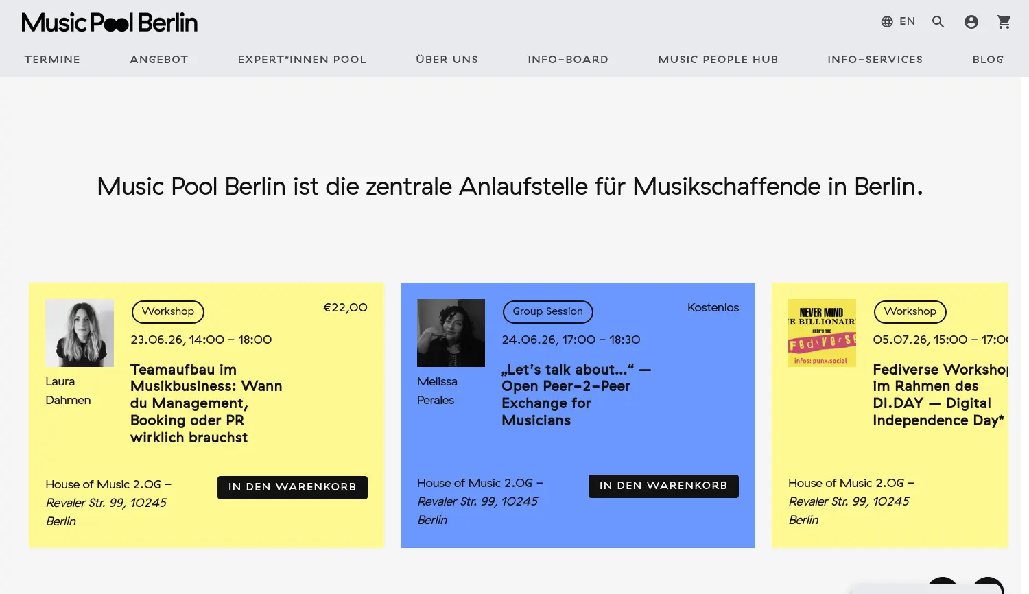 Website-Screenshot von Music Pool Berlin
