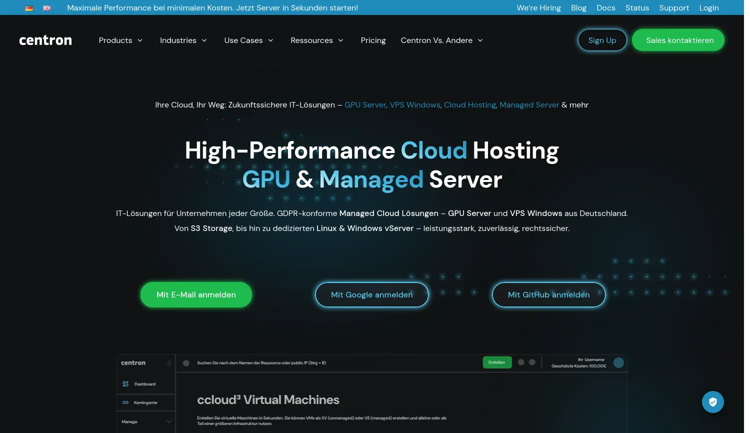 Website-Screenshot von centron