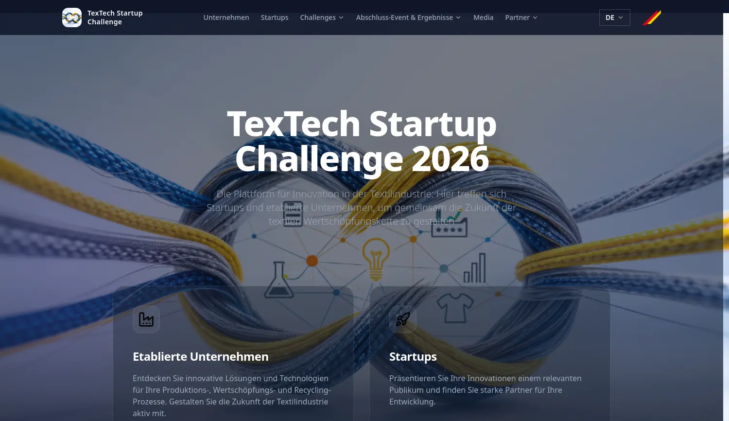Website-Screenshot von TexTech Startup Hub