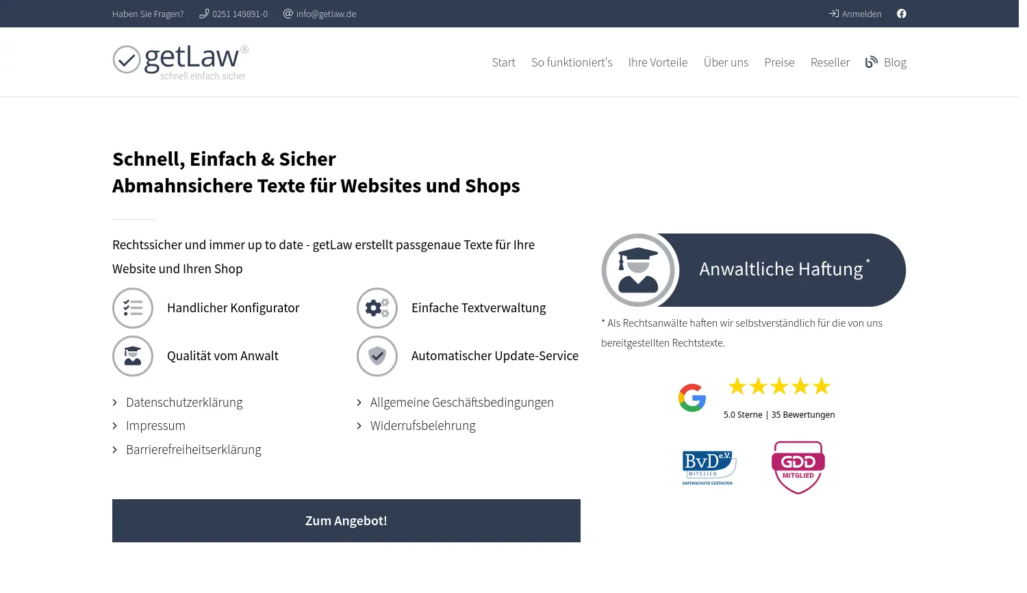 Website-Screenshot von getLaw