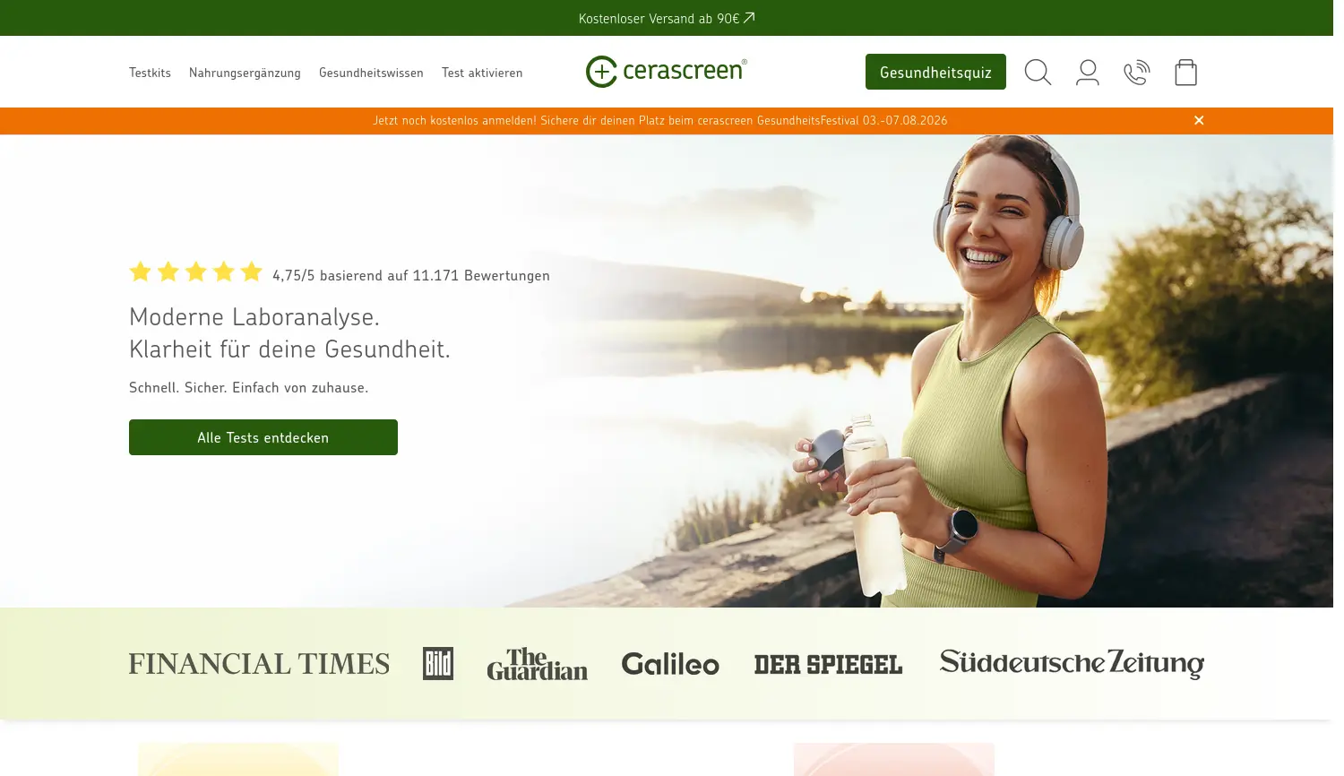 Website-Screenshot von cerascreen