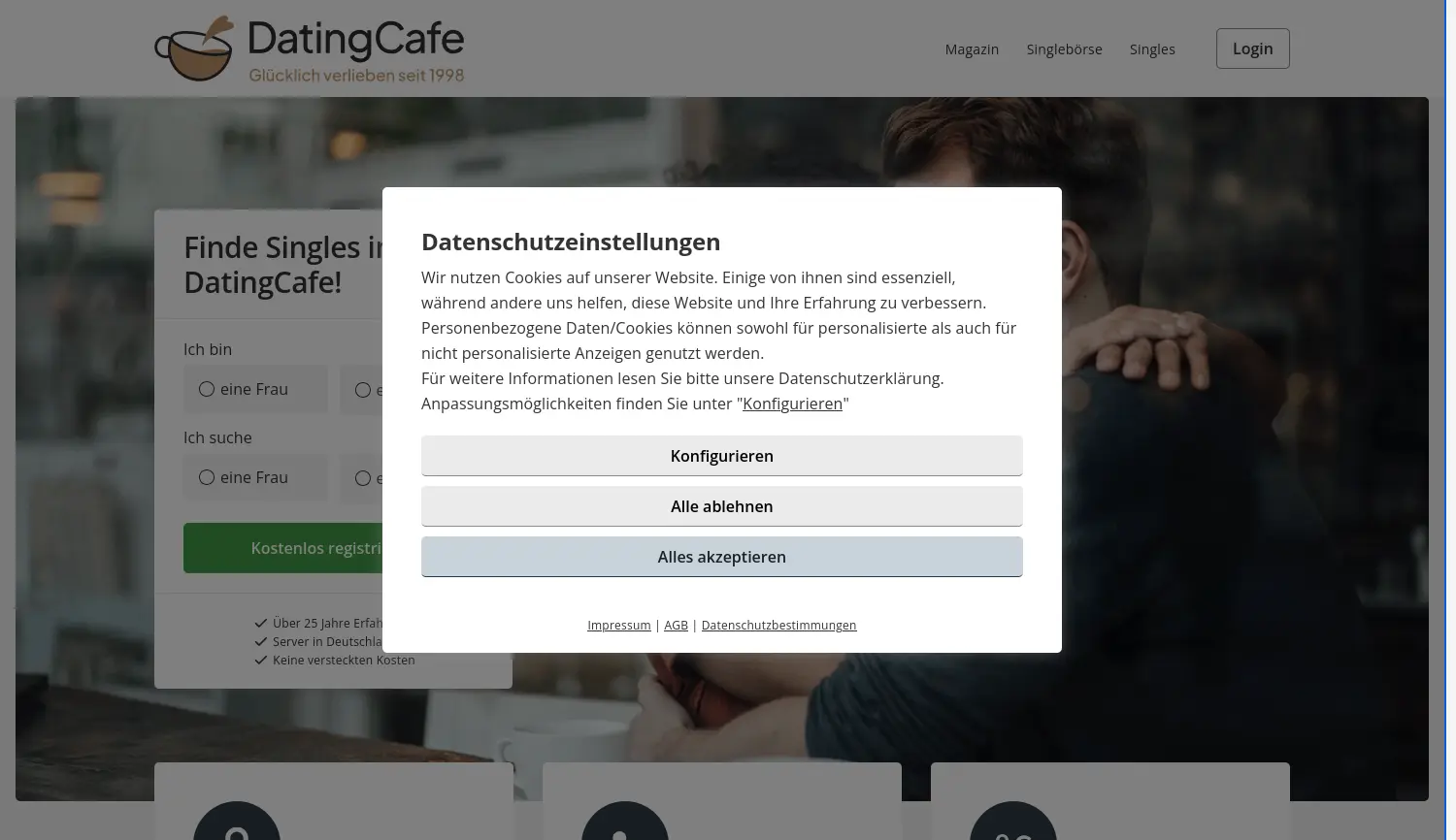 Website-Screenshot von Dating Cafe