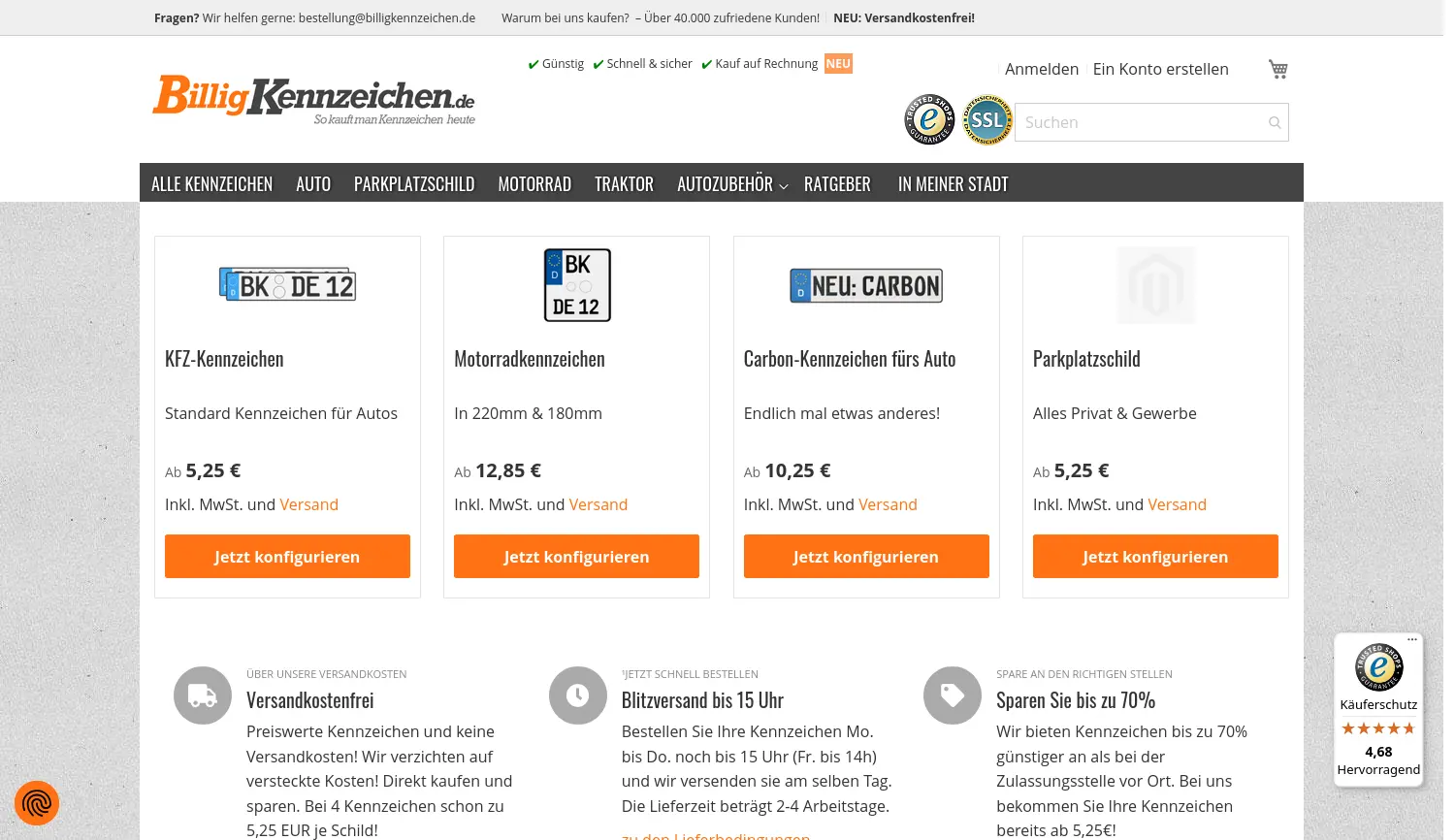 Website-Screenshot von Billigkennzeichen.de