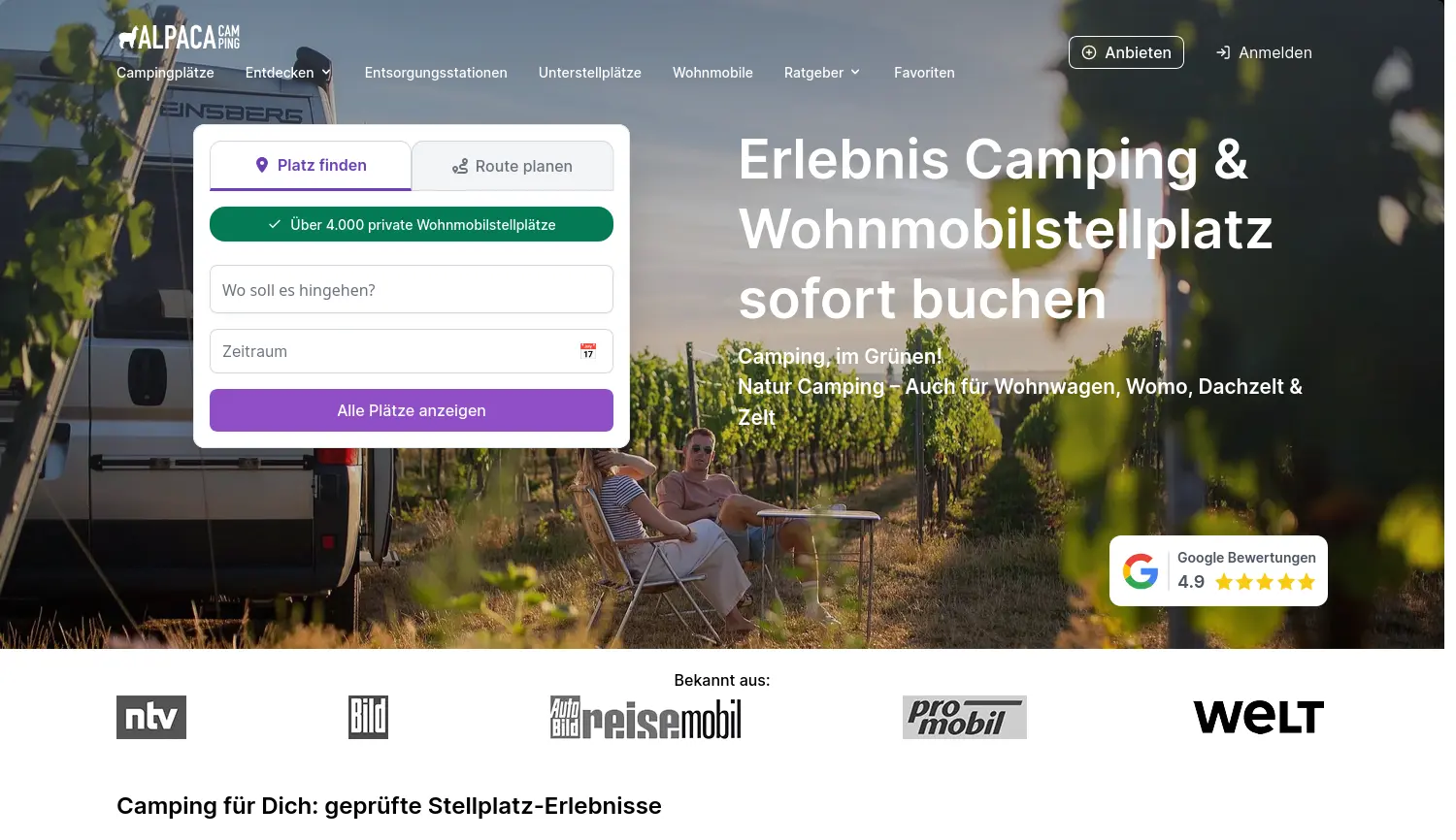 Website-Screenshot von AlpacaCamping