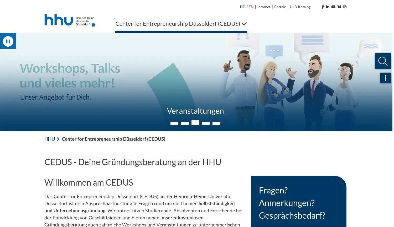 Website-Screenshot von CEDUS – Center for Entrepreneurship Düsseldorf